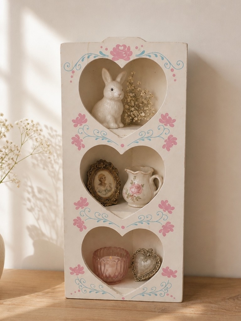 Vintage Corner Heart Shelf – Hand‑Painted Floral Design